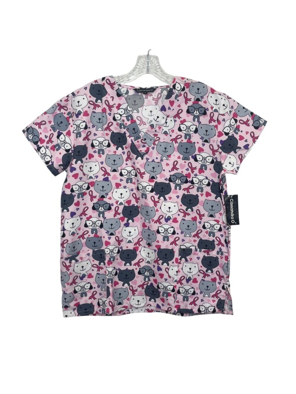 Cassandra O Scrub Top Shirt Medium Pink Cats Dogs Pink Ribbon Cancer Veterinaria